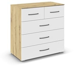 Rauch Möbel ADITIO, Kommode, Farbe Weiß/Eiche Artisan, Breite 80 cm | Sideboard im zeitlosen Stil, 5 Schubladen, Soft-Close-Funktion, für Schlafzimmer, Gästezimmer, Wohnzimmer, Garderobe, Flur