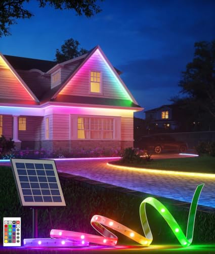 Meewata 15 m RGB-Solar-LED-Lichtstreifen, warmweiß, für den Außenbereich, wasserdicht, selbstklebend, automatisches Ein-/Ausschalten, 16 Farben und 4 Modi, mit Fernbedienung, ideal für Terrasse