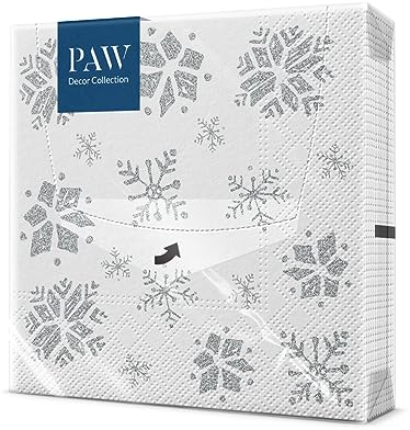 PAW - Servietten 3-lagig (33 x 33 cm) I 20 Stück I Papierservietten Bunt Perfekt für den Weihnachtstisch I Servietten - Weihnachten, Winter, Sterne, Schnee I Snowflakes silver