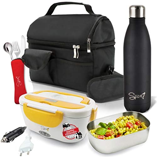 SPICE Set Borsa Termica con Tracolla + Bottiglia Termica Acciaio Inox 500 ml Doppia Parete + Scaldavivande Amarillo Inox Plus Doppio Voltaggio + Set 3 Posate in Acciao Inox