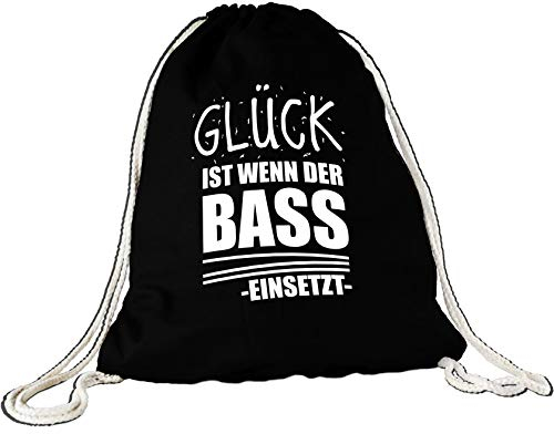Stoffbeutel Glück ist wenn der Bass einsetzt/Turnbeutel/Sport-Bag/Gym-Bag/Lustig/Bedruckt mit Spruch/Rucksack/Witzig/Hipster/Schwarz