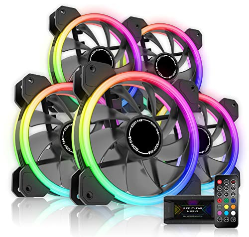 EZDIY-FAB Caja de ventilador RGB de doble anillo de 120 mm, Placa madre de 5 V SYNC, Ventilador RGB SYNC con 10 puertos X de concentrador de ventilador y paquete de control remoto-5