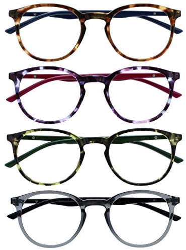 OPULIZE Met lesebrille 4er Pack Schlank Runder Rahmen Federscharniere Kratzfest Braun Lila Grün Transparent Grau Herren Damen RRRR60-2567 +3.00