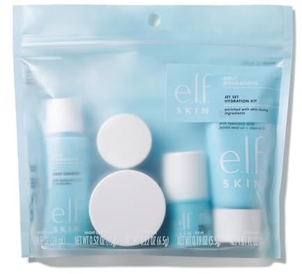 e.l.f. SKIN Jet Set Hydration Kit, Reisefreundliches Feuchtigkeitsspendendes Pflegeset, Gesichtsreiniger, Pflegebalsam, Feuchtigkeitscreme, Augencreme & Nachtcreme, Vegan & Tierversuchsfrei