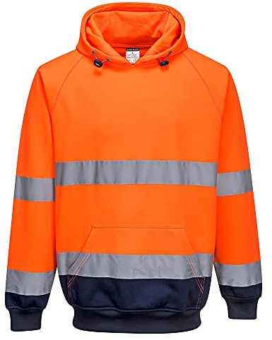 Portwest B316 Zweifarbiges Kapuzen-Sweatshirt Gerippte Strickbündchen Bahn | Orange/Marine, S, EN ISO 20471 Klasse 3, UPF 40+, Reflektierend Kängurutasche, Angeraute Innenseite, Reflektierendes Band
