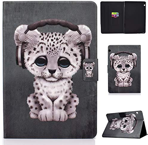 CaseFun Funda para Huawei Mediapad T5 10 Música Leopard Cuero Folio Magnético Slim Shell Flip Stand Cover Antideslizante con Tarjetero