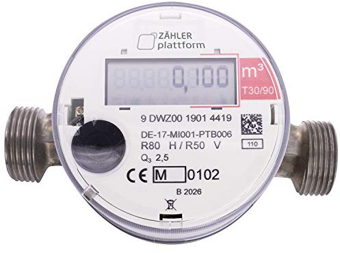ZÄHLER plattform Funk Wasserzähler Warm Qn 1,5, Baulänge 110 mm, Durchfluss 1/2 Zoll, Anschluss 3/4 Zoll Eichung 2026 gültig bis 2032 Aufputzwasserzähler