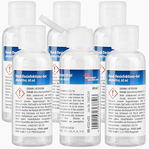 newgen medicals Handdesinfektionsgels: 6er-Set Hand-Desinfektions-Gels, Spender-Flasche, alkoholfrei, je 60ml (Hautdesinfektionsmittelen, Desinfektionsgel Haut)