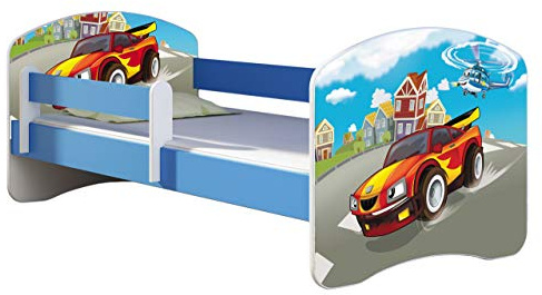 ACMA Kinderbett 160x80 cm Blau mit Matratze & Lattenrost – Jugendbett mit Rausfallschutz, personalisiertes Motiv 03 Racing Car, stabiles Kinderbett für Kinderzimmer, belastbar bis 120 kg