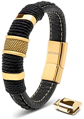 SERASAR Mens Gold Bracelet 17cm Mens Bracelet Leather Gift Present Box Braided Cowhide Leather Adjustable Magnetic Clasp Multilayer Wrap Jewelry Box Rope Male Mans Men Jewelry Magnet