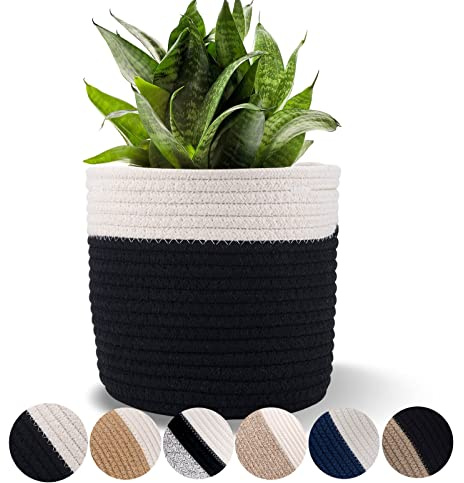 Oradrem 6.5 inch Planter Baskets for Indoor Planters Cotton Rope Flower Plant Pots Cover,Woven Storage Baskets for Crafts,Organization Modern Home Decor H6 3/4 x W6 1/2 Black&White