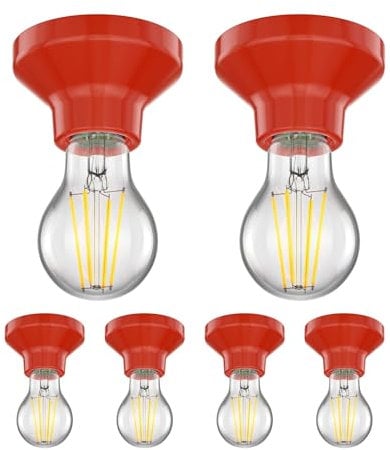 ledscom.de 6 Stück Porzellan Deckenleuchte Elektra, rund, rot, 90mm, inkl. E27 LED Lampe 6,9W 1020lm weiß, 3-Stufen Dimmen ohne Dimmer mit Lichtschalter