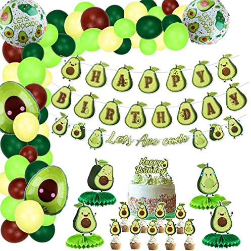 Avocado-Party-Dekorationen, niedliches Avocado-Geburtstagsparty-Zubehör für Jungen und Mädchen, inklusive Happy Birthday-Banner, Cupcake-Topper, 54-teiliges Luftballon-Girlanden-Bogen-Kit