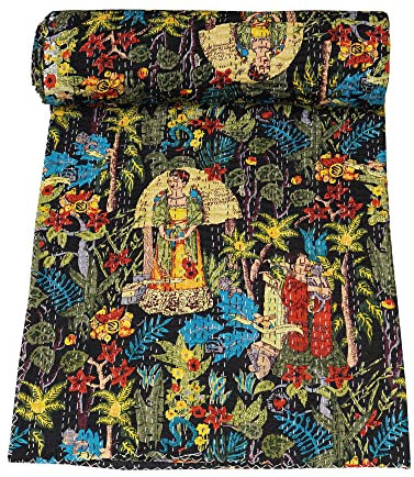 Marubhumi Tagesdecke, indisches Farida-Design, reine Baumwolle, indische Baumwolle, Schwarz, Queensize-Bett (228,6 x 274,3 cm)