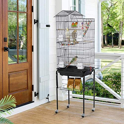Cage mit Zubehör und Ständer, Vogelkäfig, tragbar, Schiebedach, Papageien-Design, Kanarische Nymphen, untrennbar, Mandarinen mit abnehmbarem Ständer, 46 x 35,5 x 158,5 cm