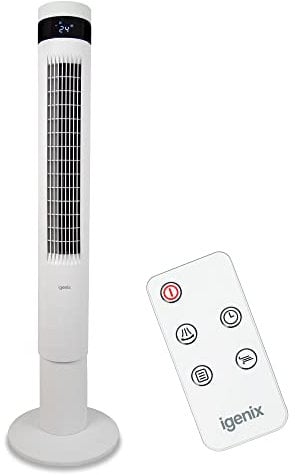 Igenix IGFD6043W Oscillating Digital Tower Fan, 43 Inch, Remote Control, 12 Hour Timer, 3 wind speed settings, Touch button control, Floor Standing for Home & Office, White