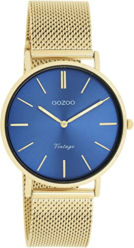 Oozoo Vintage Damen Uhr in Gold/Blau- Armbanduhr Damen mit Milanaise-Metallband - Analog Damenuhr in rund