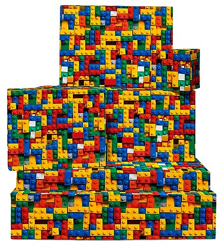 Geschenkpapier mit Bausteinen – 6 Bögen buntes Geburtstagsgeschenkpapier – für Kinder, Mädchen, Jungen – Geburtstagsparty – mit Aufklebern – recycelbar – von Central 23