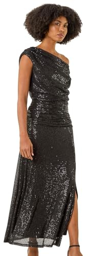 Roman Originals Sequin Cowl Neck Maxi Stretch Dress for Women UK - Ladies Everyday Autumn Winter Cowl Neckline Comfy Soft Evening Vacation Work Party Night Out - Black - Size 16