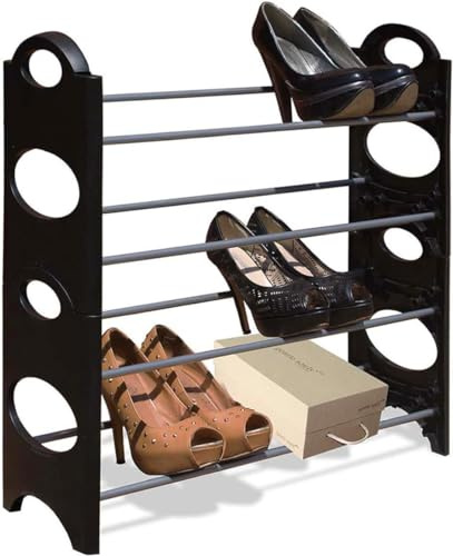 Avilia Schuhregal mit 4 Ablagen für 12 Paar Schuhe - Schuhregal für Schlafzimmer und Flur, aus Metall und Kunststoff, 64 x 58 x 20 cm, Schwarz