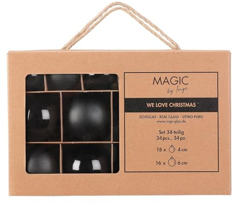 Inge Glas Weihnachtskugeln | Große Kugelbox mit 34 Kugeln | 4cm & 6cm große Christbaumkugeln (Ebony Black | schwarz)