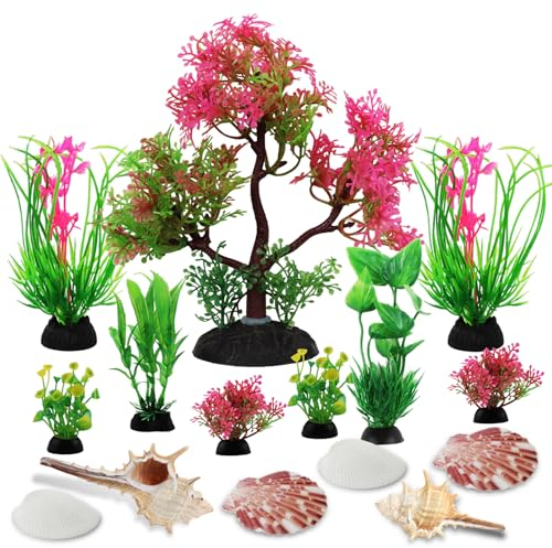 QUOZUO Lot de 15 plantes d'aquarium avec coquillages naturels, décoration d'aquarium colorée pour la maison et le bureau