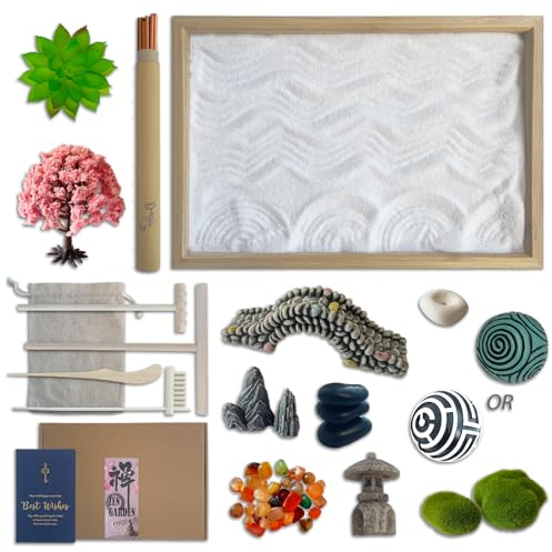 Threeheng Mini Japanese Zen Sand Garden Kit for Desk, Muti-Functional Sand Tray Therapy Kit with Bamboo Tray - Includes Ball Insense Holder Crystals and More for Meditation, Gifts (Bamboo)