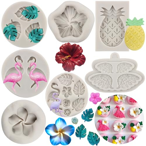 MYPRACS Tropische Blatt Silikonform Flamingo Fondant Form Hibiskus Plumeria Blume Schokoladenform Ananas Flügel Süßigkeiten Form für Kuchendekoration Cupcake Topper Polymer Clay Gummipaste 7 Stück Set