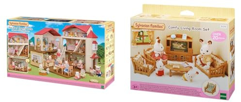 Sylvanian Families 5716 Stadthaus mit Dachzimmer - Puppenhaus & L5339 Landhaus Wohnzimmer - Puppenhaus Einrichtung Möbel, 30 x 50 cm, 1 Stück (1er Pack), aus Kunststoff