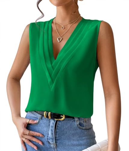 ORANDESIGNE Débardeur Femme Chic Et Élégant Top Chemisier Sexy Blouse Ample Haut Été sans Manches Tee Shirt Col V Fluide Mode Casual Chemise Classique Debardeur Travail Camisole B Vert M