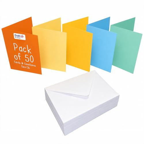 Craft UK 2483 C6 Card and Envelope Pack of 50 - Mixed Colours White Envelopes