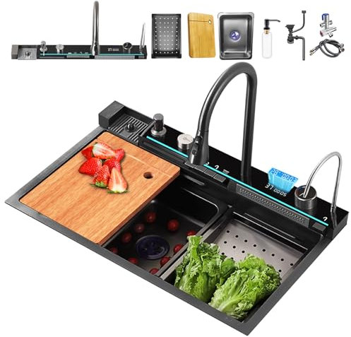 BIGYOUZI Lavabo sobre encimera con Grifos Negro cocina fregadero lavabo Fregadero cocina 1 seno Grifo Extraíble en cascada con juego completo de Accesorios de Fregadero (Negro, 85 * 46 * 22CM)