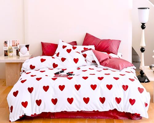 Menkala Herz Bettwäsche 135x200 Weiß mit Rot Aesthetic Herzen Bettwäsche Set 2 Teilig Bunte Herzchen Bettbezug Renforce Microfaser Bügelfrei Herzbettwäsche mit Reißverschluss und Kissenbezug 80x80