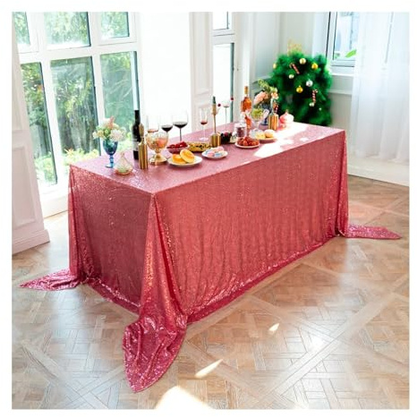 Lieson Tischdecke Rechteckig 230x230 cm, Polyester Tischwäsche Abwaschbar Einfarbige Pailletten Glitzer Tafeldecke für Küche Esstisch Dekoration, Rosenrot