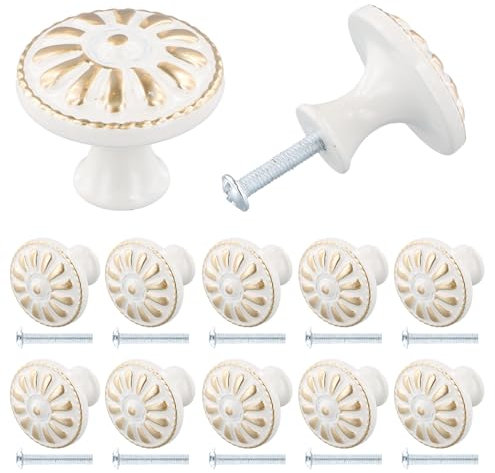 Jinlaili 10PCS Vintage Tiroir de Porte Poignée, 35MM Bouton de Meubles, Rond Boutons de Tiroir, Laiton Boutons de Porte, Poignées de Meuble pour Placard Armoire Cuisine, Chambre d'enfant (B-Blanc)