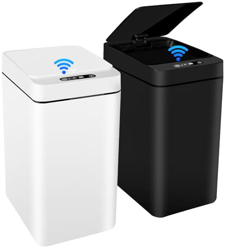 Faazy 2er Set Sensor Mülleimer Elektrisch 12L Bad Mülleimer Badezimmer mit Deckel Flip Mülleimer Schlafzimmer Automatisch für Büro Küchen Öffnungsmethode Induktion/Kick/Knopf (Schwarz, Weiß)