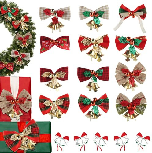XIMEY Noeuds de Noël, 12 Pièces Mini Noeud Cadeau Noel avec Cloches, Arcs d'arbre de Noël, Ornements de Nœud Papillon de Noël, Decoration Noel pour Guirlande, Sapin de Noël, Cheminée, Porte