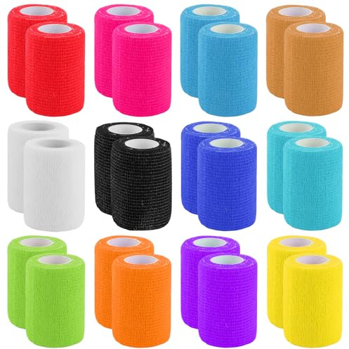 LOPYXBR 24 Rollen Selbstklebender Verband, 7,5cm x 4,5m Selbsthaftende Bandage, Haftbandage Selbstklebend, Fixierbinde Selbsthaftend für Stretch Sportler, Handgelenk, Knöchel, Pet (12 Farben)