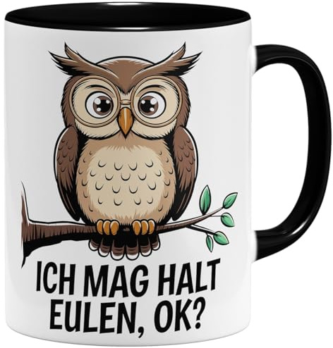 OM3® Eulen Kaffee-Tasse mit Spruch - Ich mag halt Eulen, ok? Geschenkidee für Eulenliebhaber I | Keramik Becher | 325ml | Beidseitig Bedruckt | Schwarz