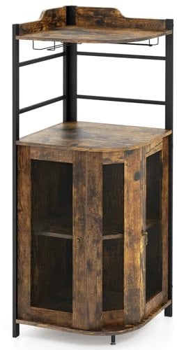 TANGZON Corner Bar Cabinet, 2 Mesh Doors Wine Cabinet with Glass Holders, Adjustable Shelf & Anti-Tipping Devices, Industrial Liquor Drinks Storage Sideboard for Home Bar Kitchen Cellar (Rustic Brown)