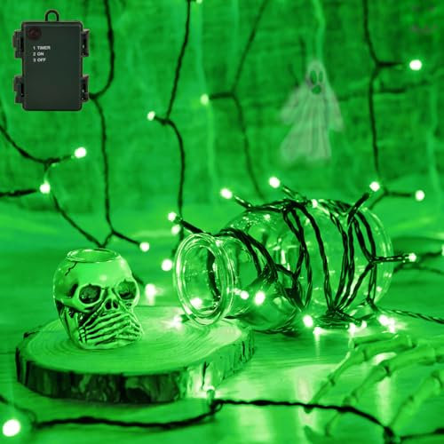 Isisyu Halloween Lights Outdoor, 3M 30LED Green Fairy Lights Battery Operated with 6-Hour Timer, Green Wire IP65 Waterproof Halloween Decoration Lighting for Christmas, Party, Holiday, Hallo
