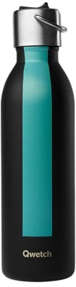 Qwetch - Trinkflasche 600 ml Edelstahl Schwarz Sport Serie - Thermosflasche aus 90% recyceltem Inox mit Sportverschluss - 24h Kalt & 12h Heiß - Isolierflasche, Auslaufsicher, BPA-frei & Kompakt