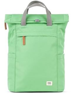 ROKA London Finchley A Medium Recycled Canvas (Peppermint) | Roll top backpack with spacious storage, padded laptop sleeve, side bottle pockets, secret pocket and adjustable straps
