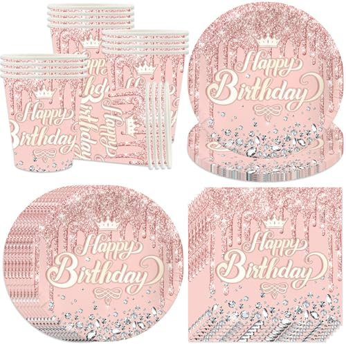 Bikasun Roségold Partygeschirr Set, 16 Gäste Rosegold Geburtstag Geschirr, Kindergeburtstag Teller Becher Servietten Pappteller Party Deko Mädchen, Tischdekoration für Hochzeitsfeiern