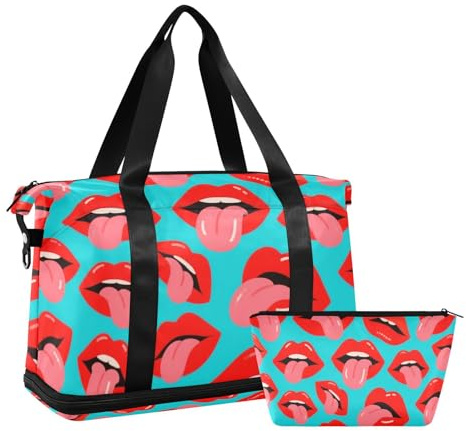 Cartoon Cute Lip Blue Overnight Weekender Bag with Wet Pocket Adjustable Strap Workout Bag for Gym Large Capacity for Men Women