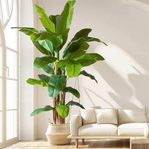 Albero di banano artificiale, 2,7 m, pianta di palma tropicale finta con foglie realistiche, bassa manutenzione, decorazione per interni ed esterni, per casa, ufficio, veranda, in vaso per vivaio