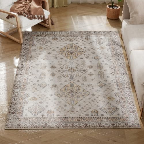 HOMCOM Vintage Area Rug Flannel Non-Slip Washable Rug 170 x 120 cm Beige | Floor Carpet, Living Room, Bedroom, Dining Room, Home Office