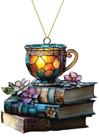 Stylish Stained Acrylic Suncatcher with Flower, Book & Tea Designs, Charming Books Ornament Sun Catchers for Windows, Perfect Bookish Gifts for Book Lovers, Reader & Women