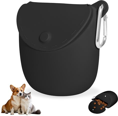 ZSSZD Silicone Dog Treat Pouch, Portable Dog Food Bag, Puppy Training Treats Bags with Waist Clip for Pet Walking, Magnetic Closure to Avoid Spilling (Black)