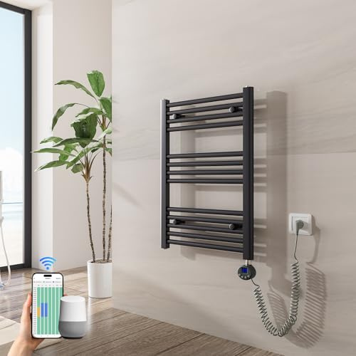 Heilmetz Badheizkörper Elektrisch mit Smart WiFi Heizstab 300W Leistung 700 x 500 mm Anthrazit Gerade Bad Heizkörper Handtuchwärmer Handtuchtrockner mit Thermostat Timer
